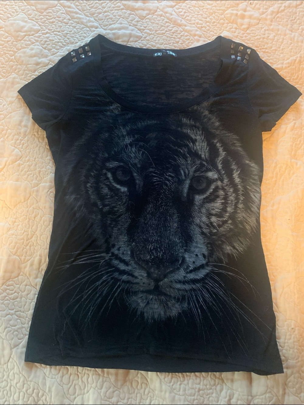 Express Black Short Sleeve Tee with Tiger Face and Studded Shoulders